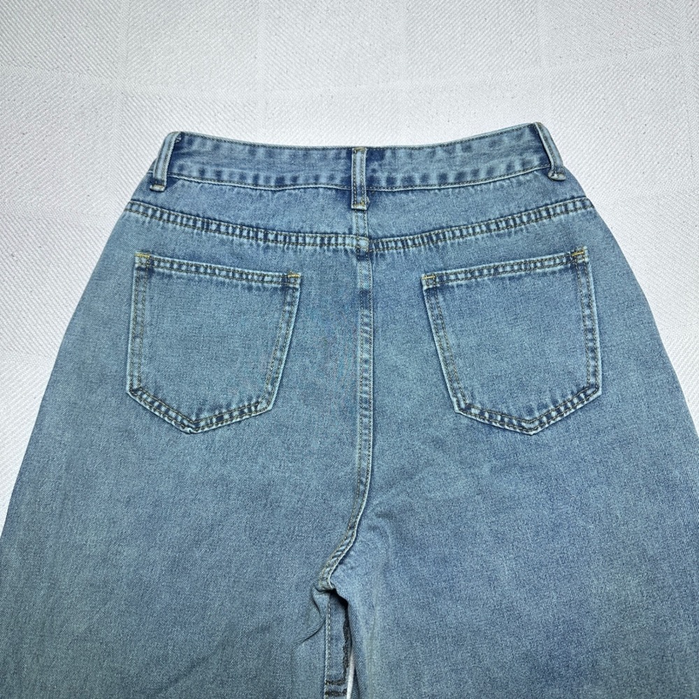 Romwe Wide Leg Jeans Womens Medium 6 Skeleton Skull Oni Demon Print Blue Denim - Picture 9 of 15